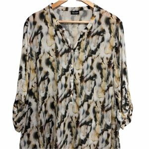 Trendy Women's Abstract Print Blouse with Half Button-Up Front and Roll-Up Tabs